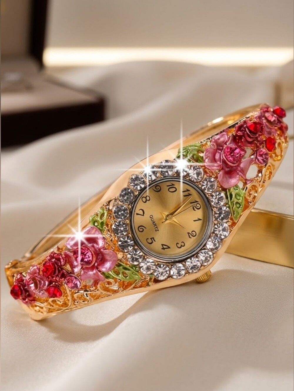 Gold Floral Bangle Quartz Watch - Pink Red Flower Rhinestone Cuff
